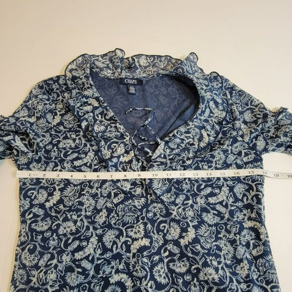 Chaps Blouse, Women's LG, Blue Floral Abstract w/Waterfall Ruffle Collar, EUC - Picture 8 of 11